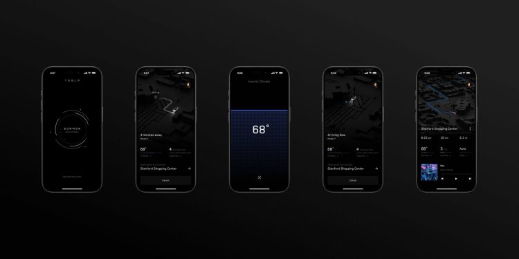 Tesla'nın otonom araç çağırma uygulamasının ekran görüntüleri. | Tesla